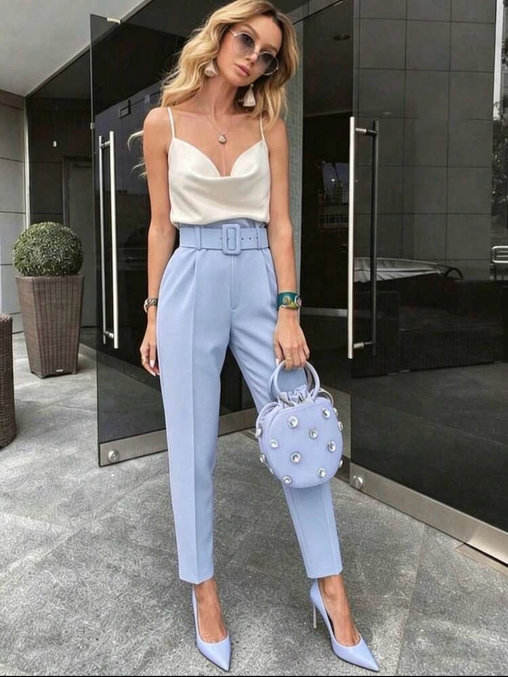 SHEIN Belted High-Waist Cropped Trousers in Light Blue
